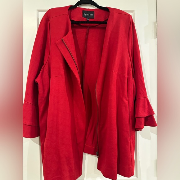 Eloquii Vibrant Red Zipper Jacket NEW Women’s Size 24 Gorgeous Ruffle Sleeves - Picture 5 of 6